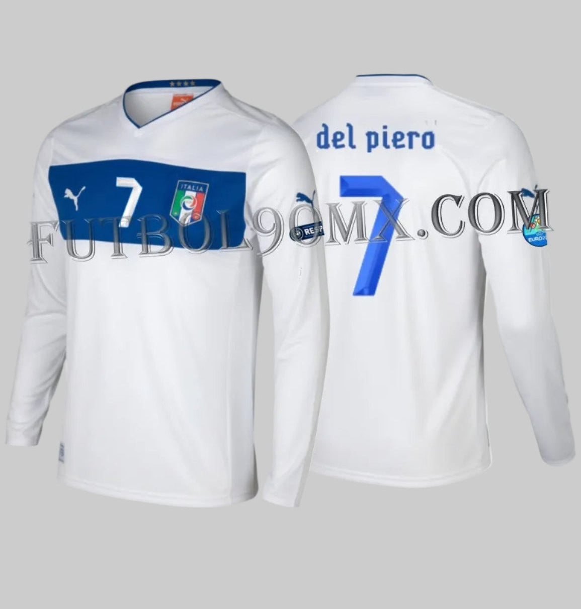 Vista frontal y trasera del jersey Puma Italia 2012 manga larga, color blanco con franja azul, personalizado con el nombre DEL PIERO y el número 7 en tipografía oficial 3D.