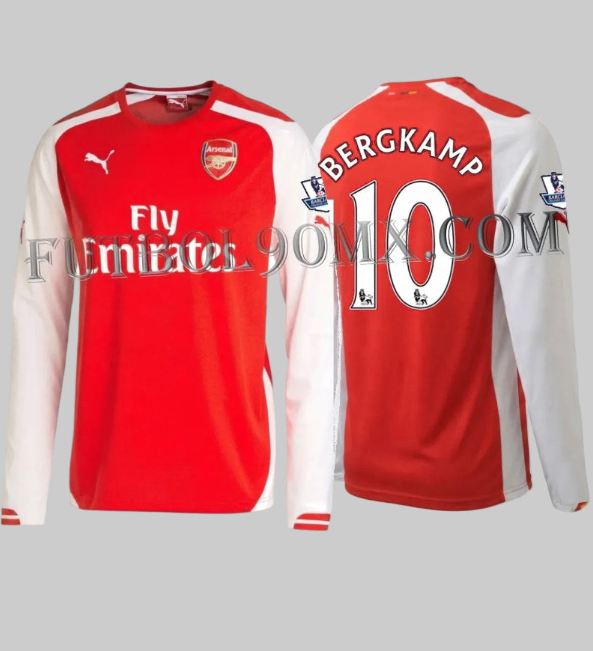 Vista combinada estilo archivo que exhibe simultáneamente el frente y el reverso del jersey Puma Arsenal Home Long Sleeve 2014/15 de Dennis Bergkamp #10 (Código: 746448 01) con parches de competición, disponible en Futbol90MX