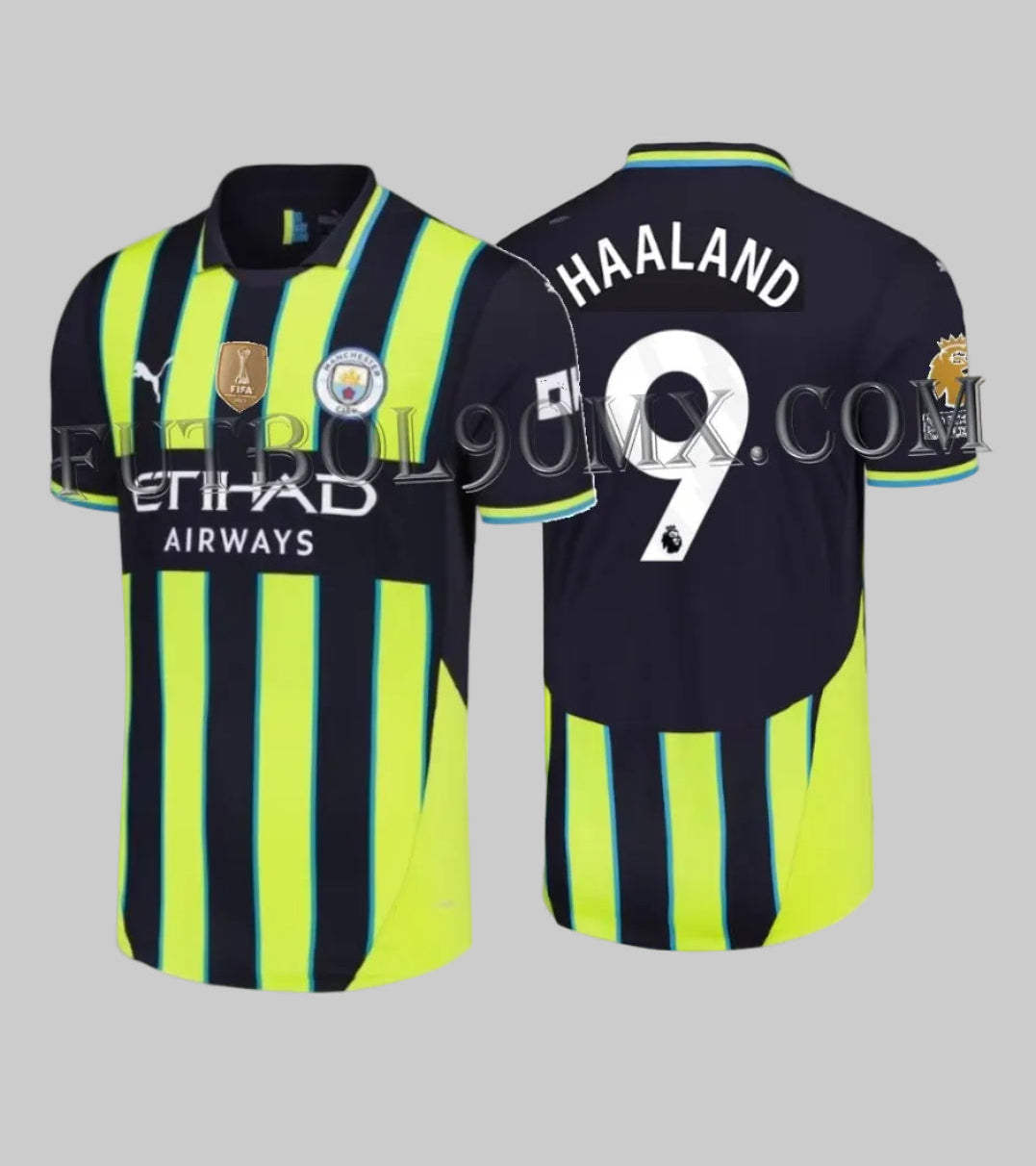 Vista frontal y posterior del jersey PUMA Erling Haaland Manchester City Authentic Match Away 2024/25 (Ref. 775085 02) con el dorsal #9 disponible en la Historical Archive Boutique de Futbol90MX.