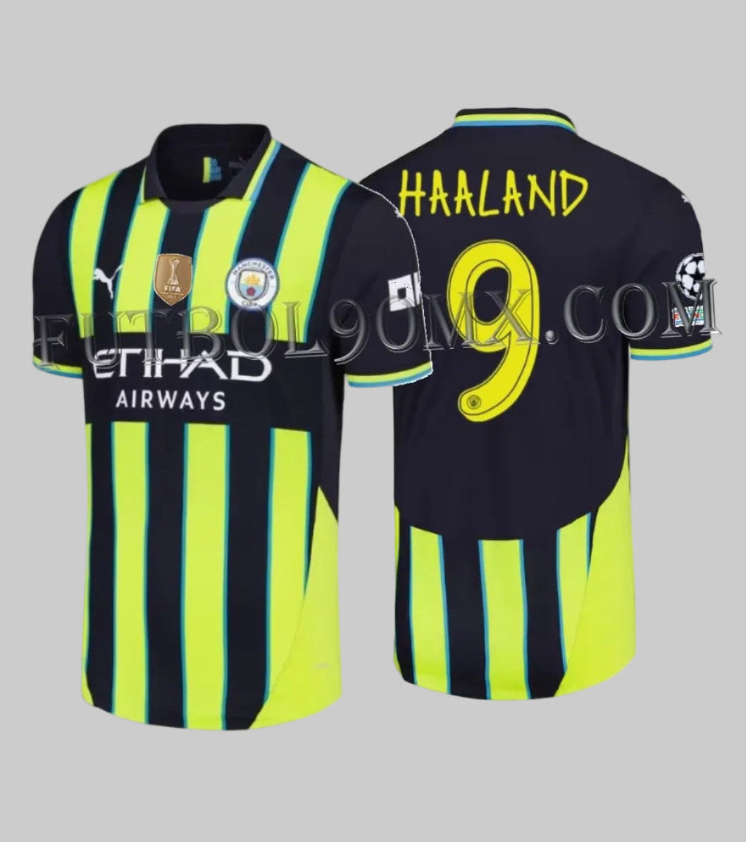 Vista frontal y posterior del jersey PUMA Erling Haaland Manchester City UEFA Champions League Authentic Away 2024/25 (Ref. 775085 02) con dorsal #9 disponible en la Historical Archive Boutique de Futbol90MX