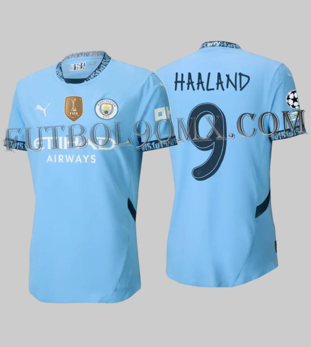 Vista principal frontal y posterior con personalización de la Camiseta Puma Erling Haaland Manchester City Authentic Match UEFA Champions League Home 2024/25 (Ref. 775050 01) con parches europeos en la Historical Archive Boutique de Futbol90MX