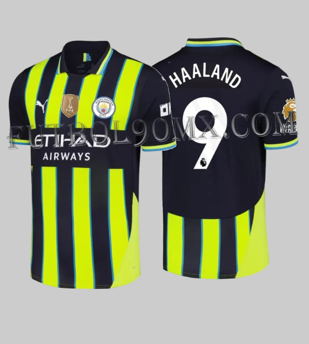 Vista frontal y posterior del jersey de visita del Manchester City 2024/25 de Puma, mostrando la personalización oficial de Erling Haaland #9, franjas verticales en azul marino y amarillo neón, y los parches oficiales de la equipación (Código: 775086 02, disponible en Futbol90MX).