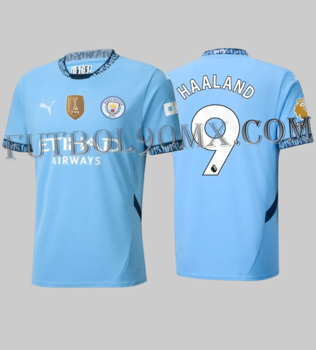 Vista dual frontal con parche FIFA CWC y posterior con personalización HAALAND 9 de la camiseta Puma Manchester City Home 2024/25 (Ref. 775075 01) disponible en Futbol90MX