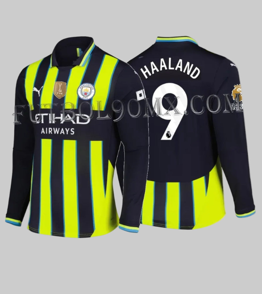 Vista frontal y posterior de la camiseta de manga larga de visita del Manchester City 2024/25 con el nombre y dorsal de Erling Haaland #9 (Ref. 775087 02) en Futbol90MX
