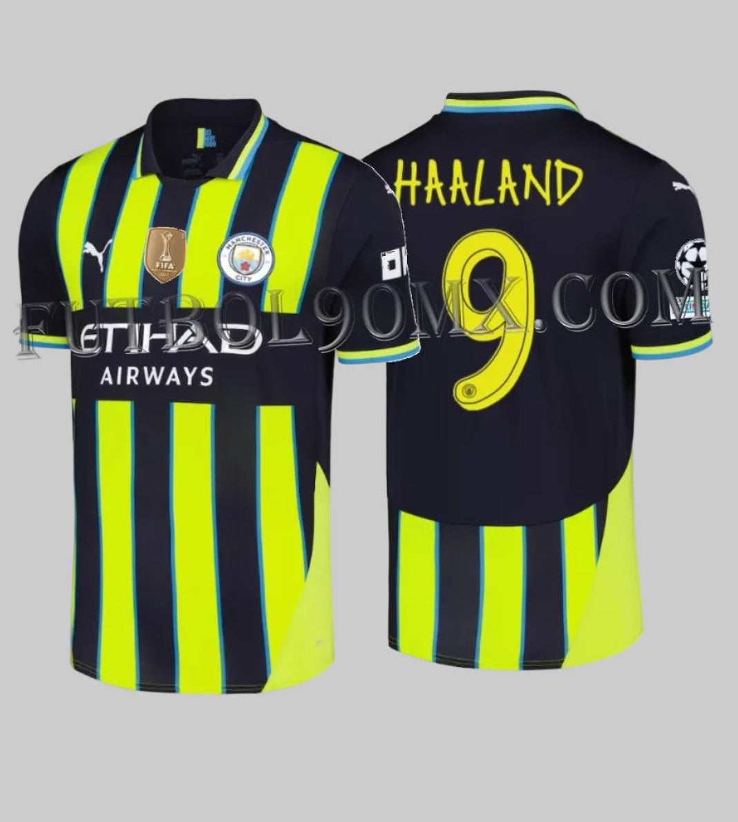 Vista de exhibición de  Historical Archive Boutique que muestra la parte delantera y trasera del jersey de visitante 2024/25 de Erling Haaland para el Manchester City, con placa descriptiva y código de producto 775086 02, disponible en Futbol90mx.com.
