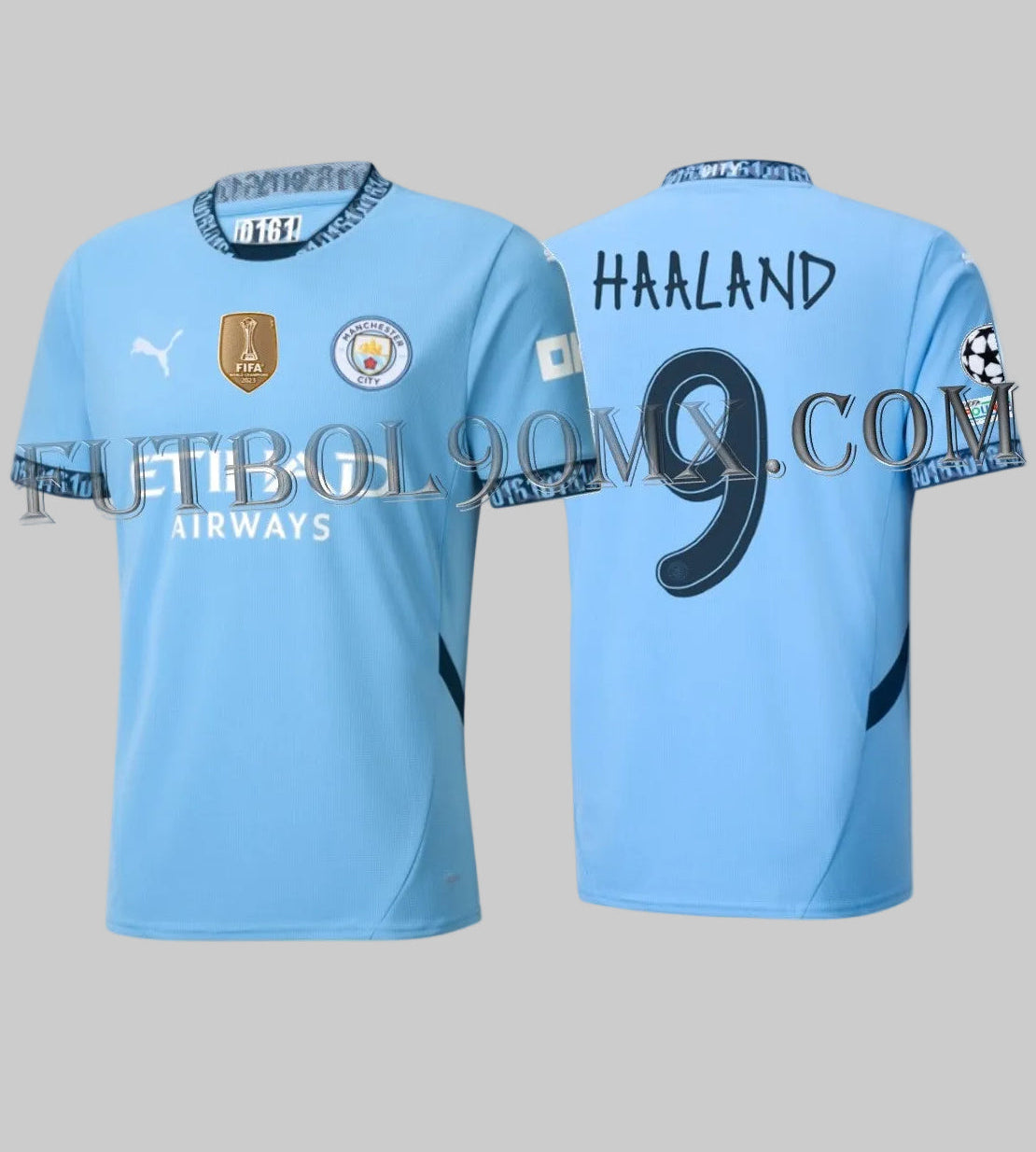 Vista dual frontal con parche FIFA CWC y posterior con personalización HAALAND 9 y parches de UEFA Champions League de la camiseta Puma Manchester City Home 2024/25 (Ref. 775075 01) disponible en Futbol90MX