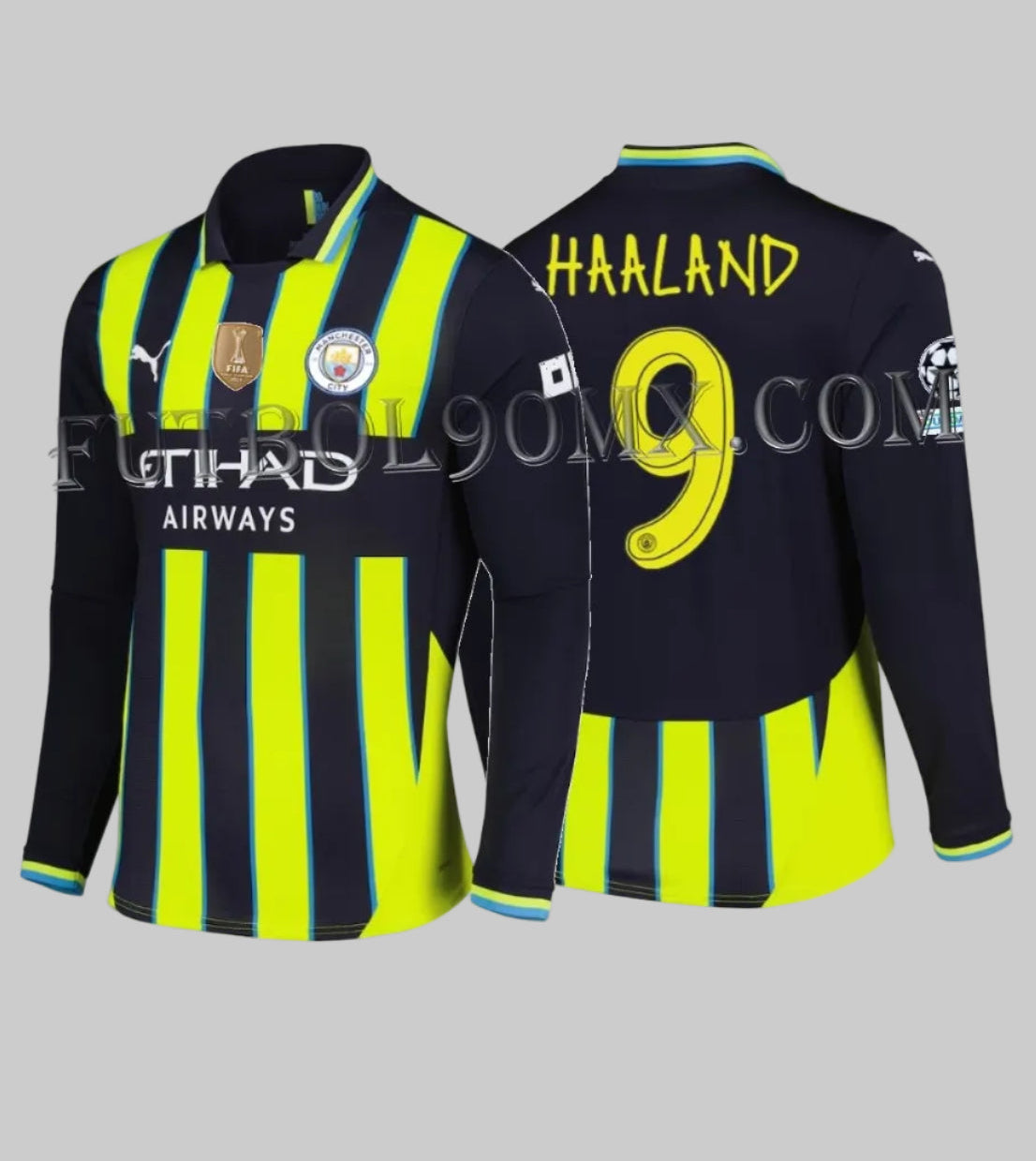 Vista frontal y posterior de la camiseta Puma de manga larga del Manchester City Visita 2024/25 para UEFA Champions League con el nombre y dorsal de Erling Haaland #9 (Ref. 775087 02) en Futbol90MX