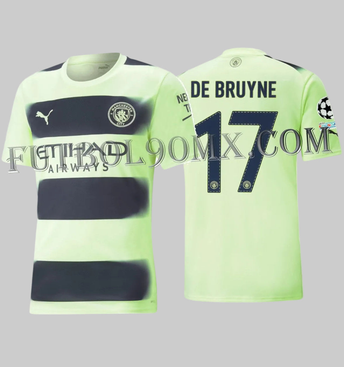 Vista dual del jersey oficial tercero de Kevin De Bruyne número 17, Manchester City 2022/23, edición UEFA Champions League, codigo Puma 765734 03, disponible en Futbol90MX