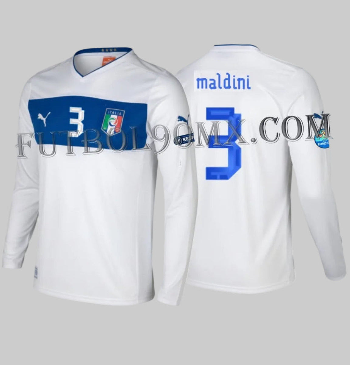 Jersey de Italia 2012 manga larga, blanco con franja azul, dorsal Maldini 3, vista frontal y trasera.