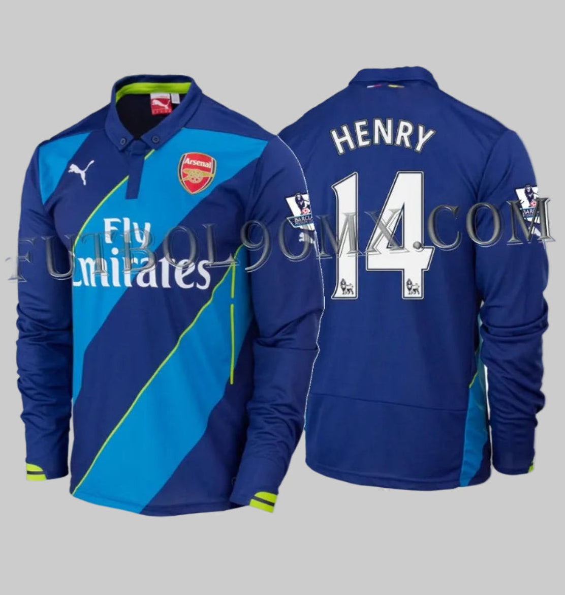 Dorsal histórico Thierry Henry 14 en jersey Arsenal 2014/15, tipografía oficial Premier League de época, pieza de inversión para coleccionistas de fútbol.