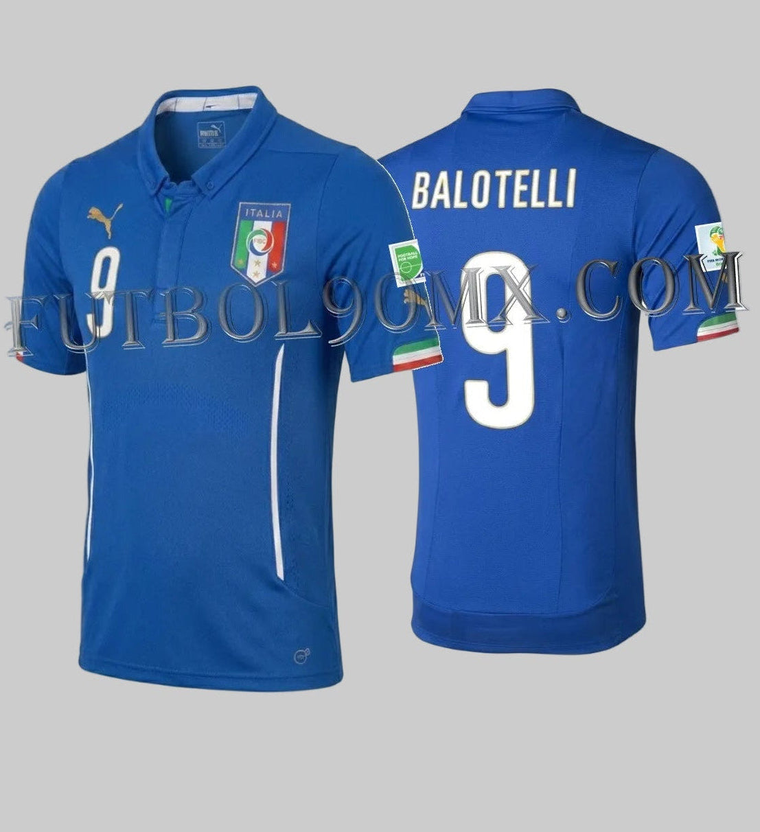 Vista dual del jersey authentic match ACTV de local de Italia Copa Mundial 2014, tipografía oficial con nombre BALOTELLI y número 9 en color dorado y blanco, Puma 924128 01, disponible en Futbol90MX