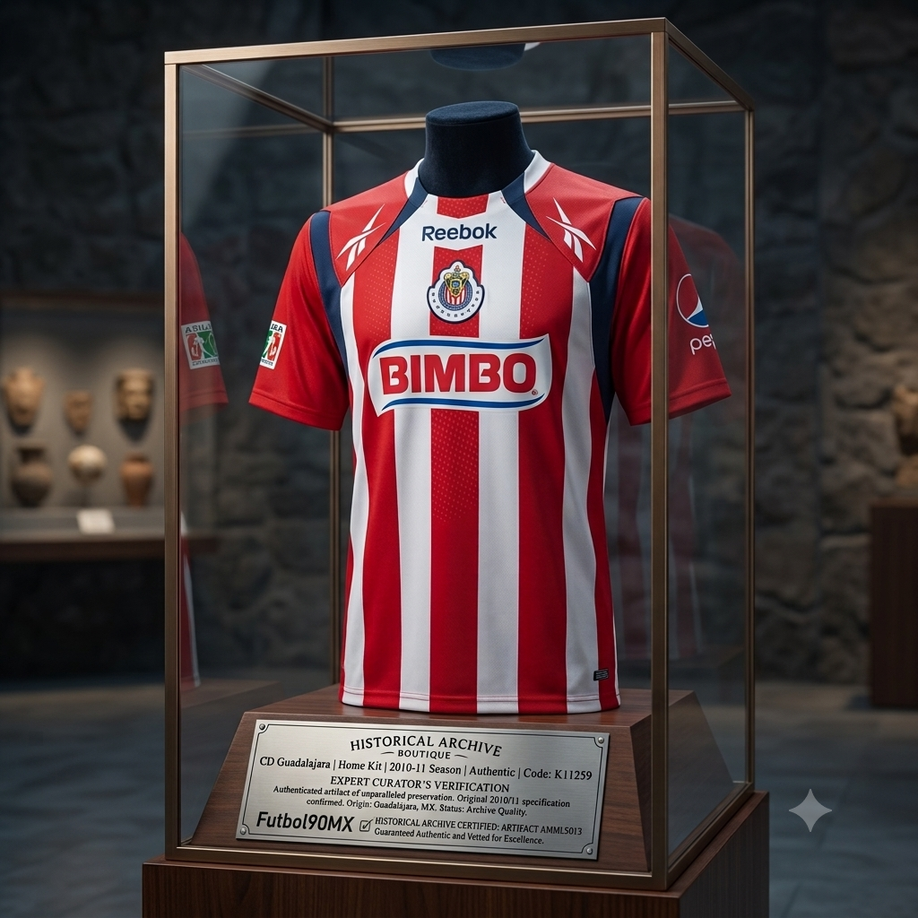 Jersey histórico de Chivas local 2010/11 Reebok, exhibido en vitrina de Historical Archive Boutique con placa de autenticidad Futbol90MX, pieza de colección curada con codigo K11257