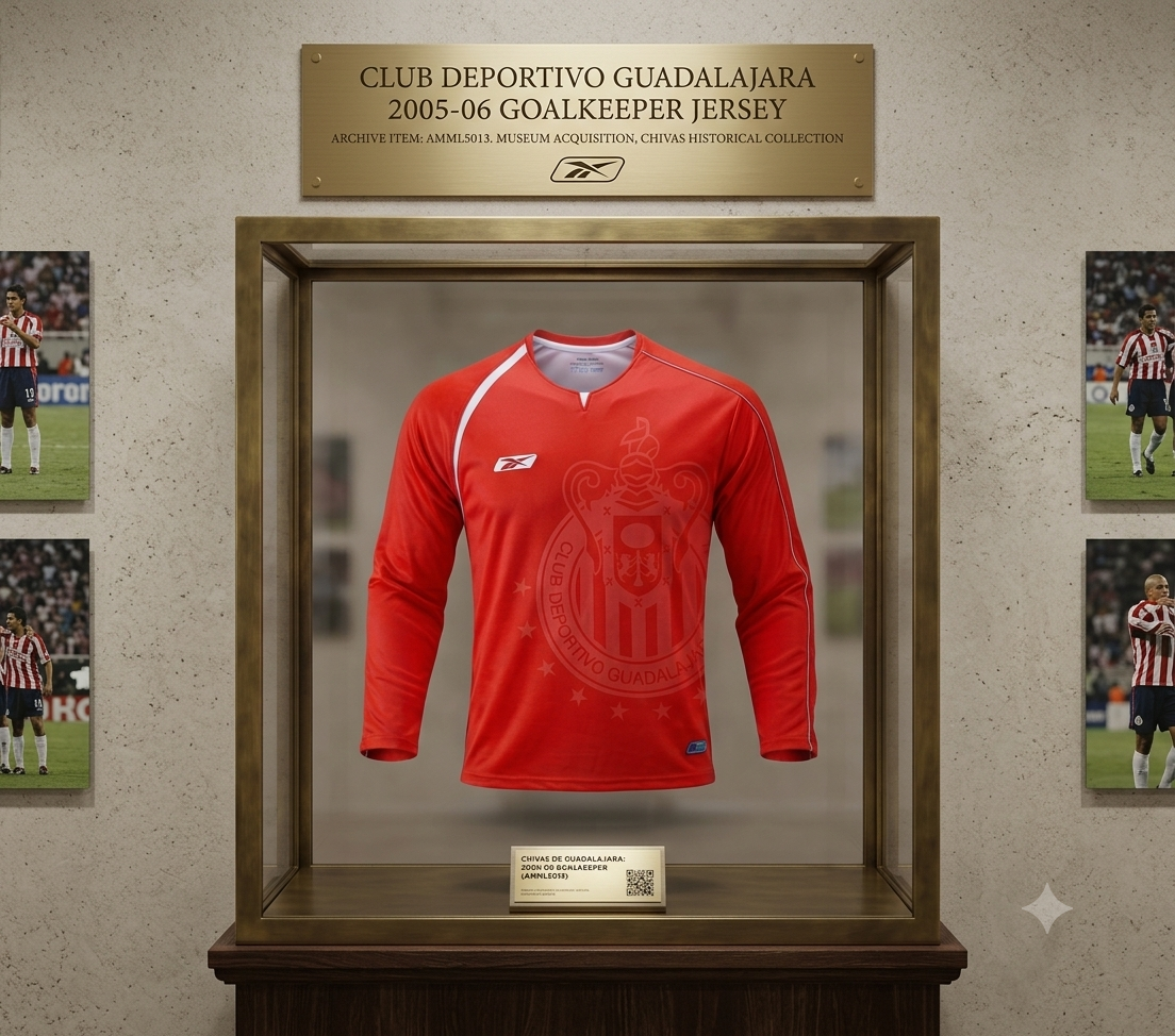 Jersey Reebok de portero Chivas 2005-06 (AMML5013) exhibido en vitrina de museo con placa conmemorativa, curaduría de Historical Archive Boutique Futbol90MX