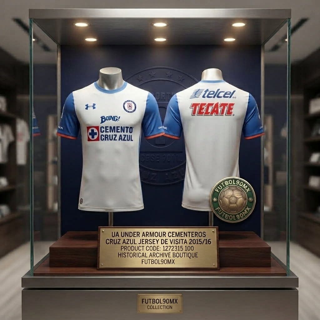 Exhibición museográfica dual de archivo del jersey de visita UA Under Armour Cruz Azul 2015/16 (Ref. 1272315 100) mostrando frente y reverso con placa conmemorativa en la Historical Archive Boutique de Futbol90MX.